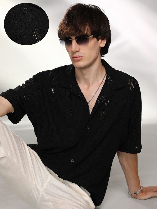 Campus Sutra Men Oversized Black Textured Casual Shirt