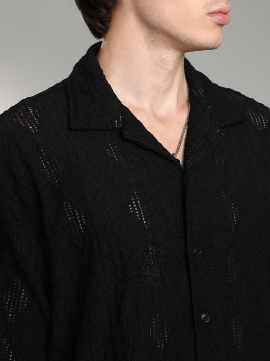 Campus Sutra Men Oversized Black Textured Casual Shirt