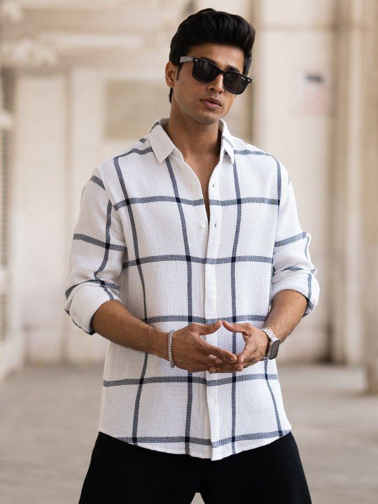 Powerlook Men White Windowpane Checked Regular Fit Casual Shirt