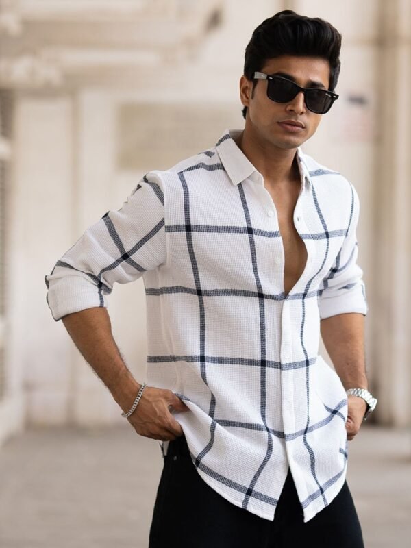 Powerlook Men White Windowpane Checked Regular Fit Casual Shirt