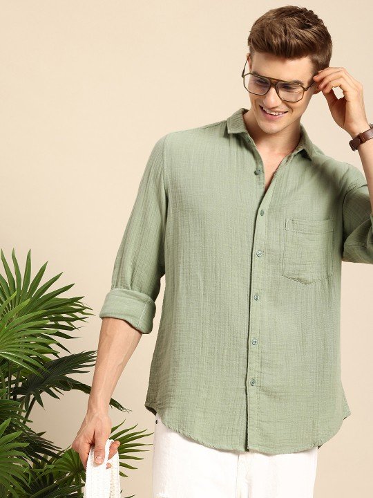 Mast & Harbour Men Pure Cotton Casual Shirt – Green