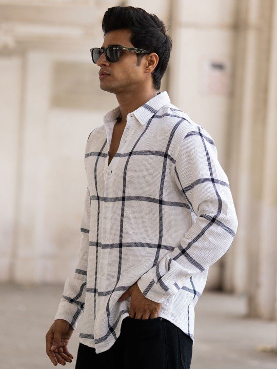 Powerlook Men White Windowpane Checked Regular Fit Casual Shirt