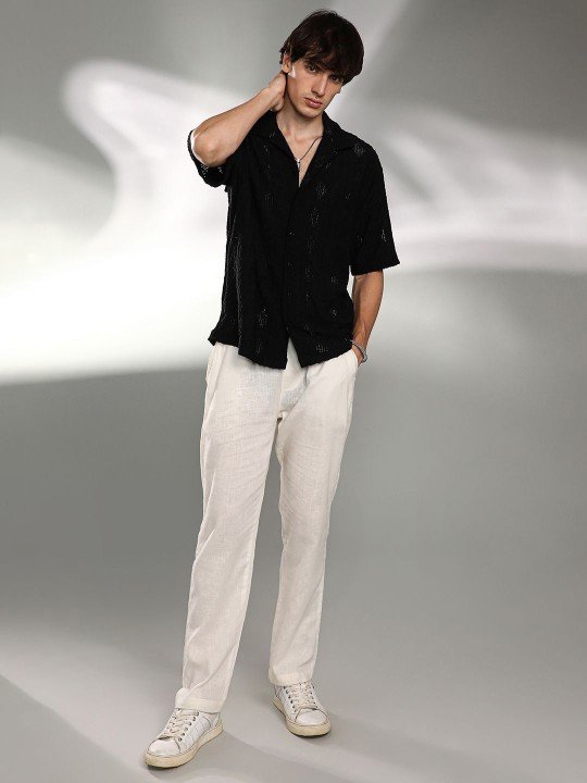 Campus Sutra Men Oversized Black Textured Casual Shirt