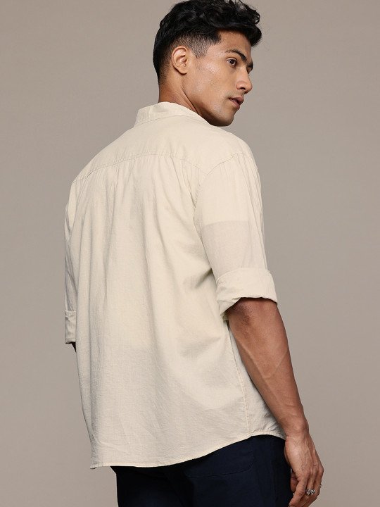 Roadster The Life Co. Relaxed Fit Drop-Shoulder Cotton Casual Shirt – Beige