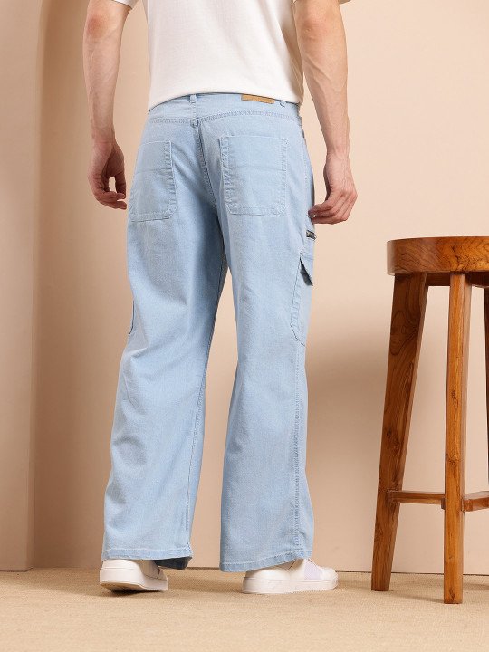Mast & Harbour Men Straight Fit Light Blue Stretchable Jeans with Zip Detail