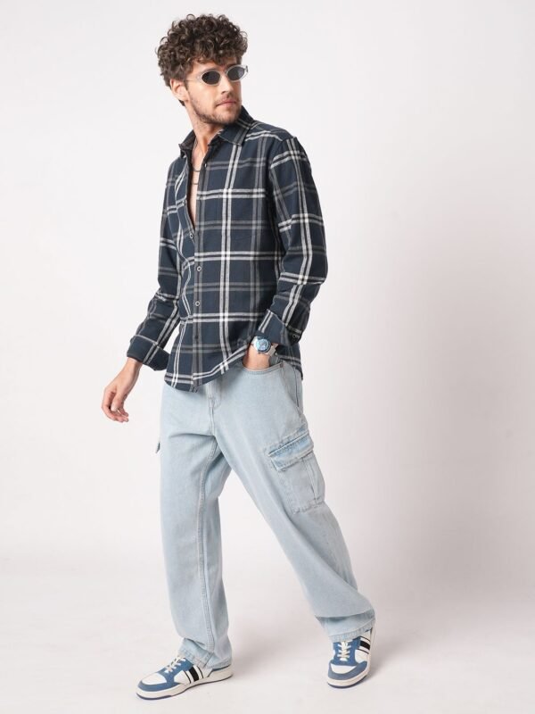 VASTRADO Men Slim Fit Tartan Checked Cotton Casual Shirt – Navy Blue, White & Grey