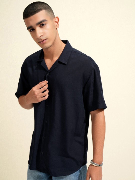 KETCH Men Navy Blue Solid Casual Shirt – Cuban Collar, Short Sleeves