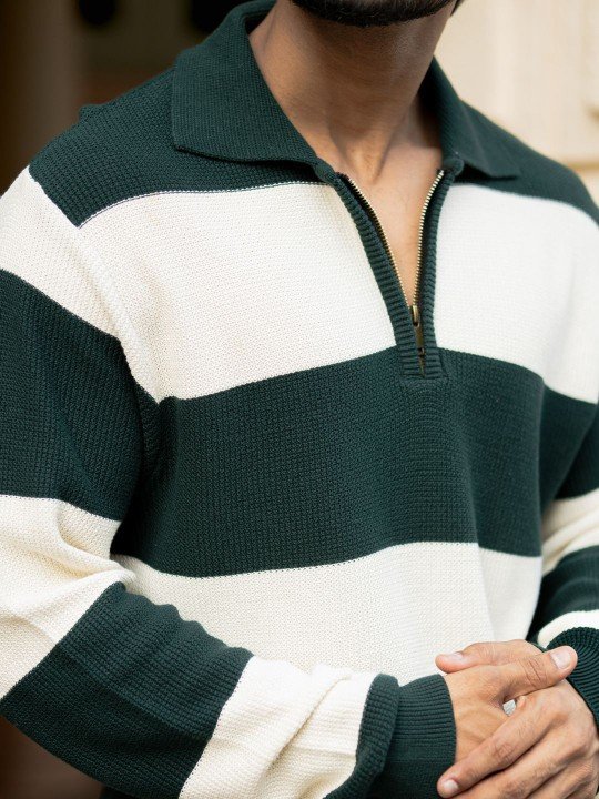 Powerlook Men Striped Polo Collar Cotton Relaxed Fit T-shirt – Green & Off-White