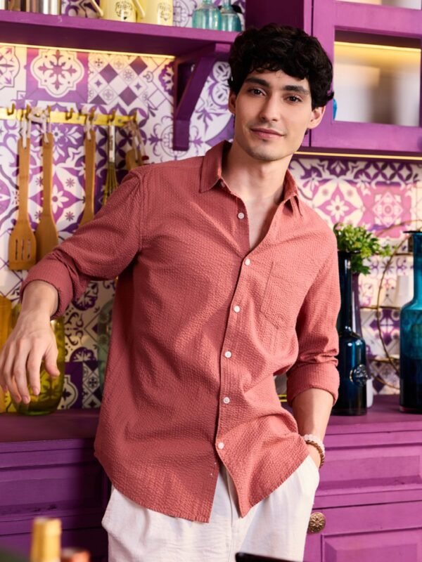 33831664_Coral_0 VASTRADO Men Classic Slim Fit Textured Spread Collar Cotton Casual Shirt