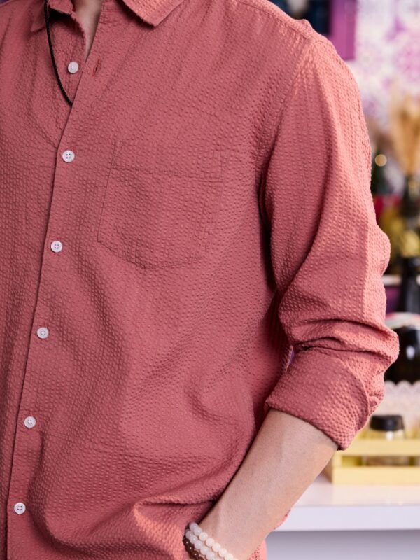 33831664_Coral_1 VASTRADO Men Classic Slim Fit Textured Spread Collar Cotton Casual Shirt