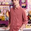 33831664_Coral_2 VASTRADO Men Classic Slim Fit Textured Spread Collar Cotton Casual Shirt