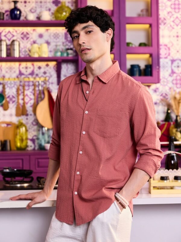 33831664_Coral_2 VASTRADO Men Classic Slim Fit Textured Spread Collar Cotton Casual Shirt