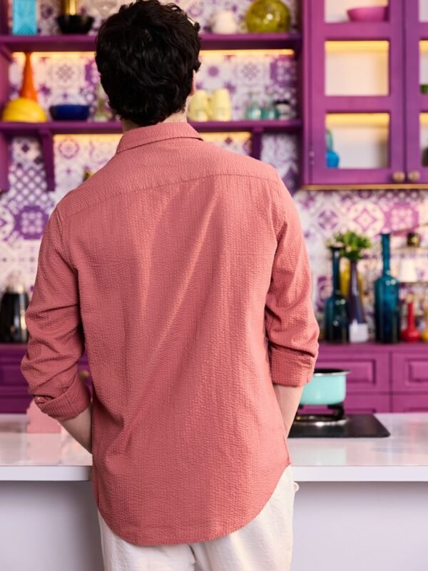 33831664_Coral_3 VASTRADO Men Classic Slim Fit Textured Spread Collar Cotton Casual Shirt