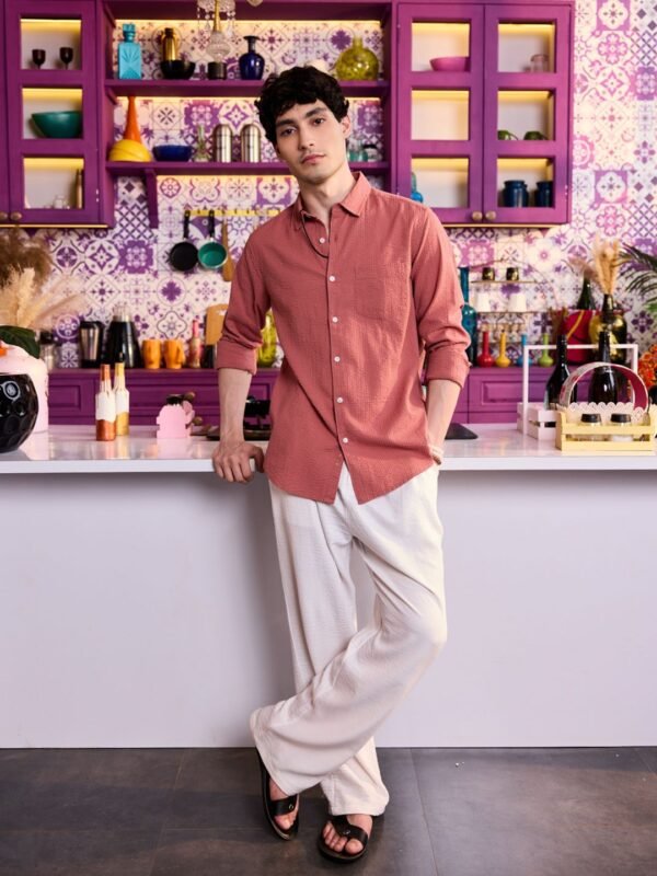 33831664_Coral_4 VASTRADO Men Classic Slim Fit Textured Spread Collar Cotton Casual Shirt