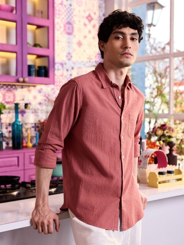 33831664_Coral_5 VASTRADO Men Classic Slim Fit Textured Spread Collar Cotton Casual Shirt