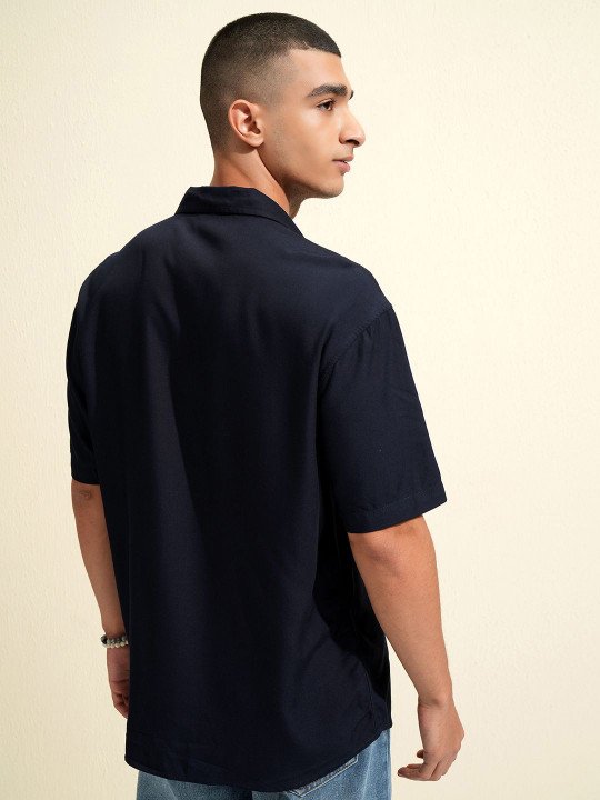 KETCH Men Navy Blue Solid Casual Shirt – Cuban Collar, Short Sleeves