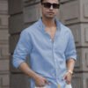 Powerlook Men Blue Solid Cotton Casual Shirt – Spread Collar, Long Sleeves