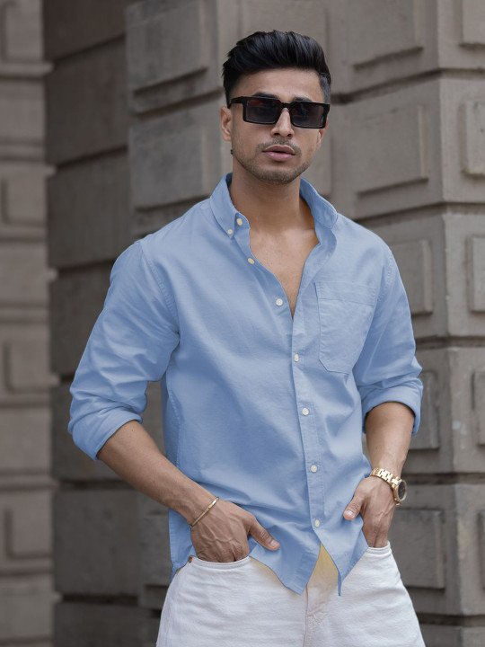 Powerlook Men Blue Solid Cotton Casual Shirt – Spread Collar, Long Sleeves