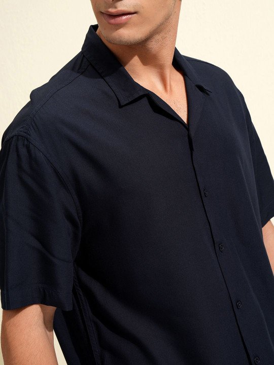 KETCH Men Navy Blue Solid Casual Shirt – Cuban Collar, Short Sleeves