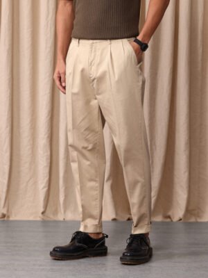 688e62aa-d50d-4b60-a7b8-734814462fa11746598532415-Mr-Bowerbird-Men-Trousers-2481746598531832-3 Mr Bowerbird Men Beige Liberal Fit Pleated Cotton Trousers – Mid-Rise