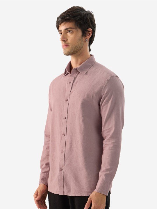 The Souled Store Men Pink Solid Long Sleeve Cotton-Linen Casual Shirt – Spread Collar