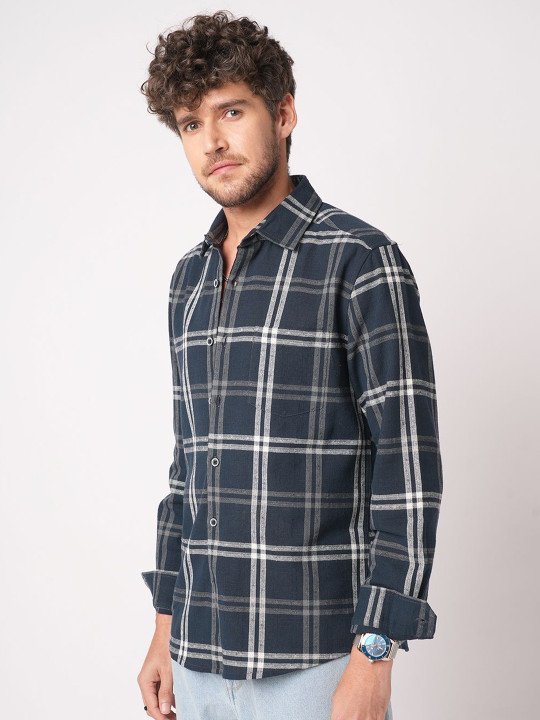 VASTRADO Men Slim Fit Tartan Checked Cotton Casual Shirt – Navy Blue, White & Grey