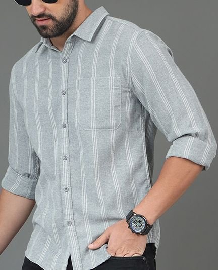 HERE&NOW Men Slim Fit Grey Striped Cotton Casual Shirt – Long Sleeves