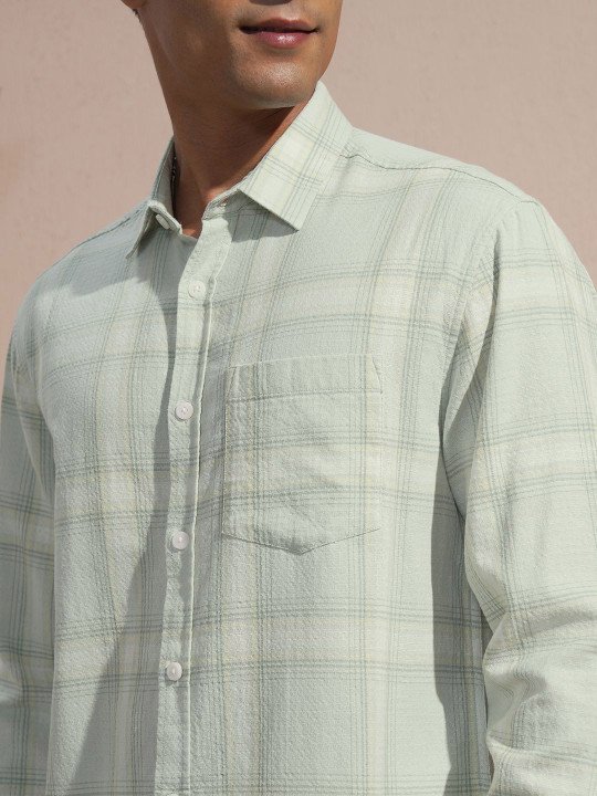 6ztRnyNf_f7109866736042518ac6913ffe1652cf LOCOMOTIVE Men Sea Green & White Textured Checked Relaxed Fit Dobby Cotton Shirt