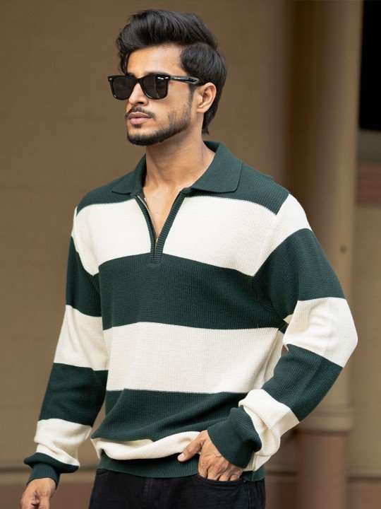 Powerlook Men Striped Polo Collar Cotton Relaxed Fit T-shirt – Green & Off-White