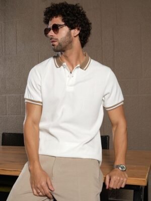 8243634c-0c19-4a5a-890e-aa808dbe19e51735884731052CampusSutraMenStripedPoloCollarRawEdgeT-shirt1 Campus Sutra Men White Self Design Polo Collar Cotton T-Shirt – Short Sleeves