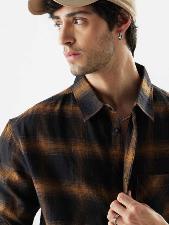 The Souled Store Men Brown & Black Tartan Checked Oversized Cotton Casual Shirt