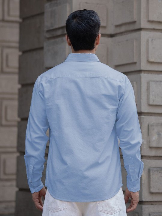 Powerlook Men Blue Solid Cotton Casual Shirt – Spread Collar, Long Sleeves