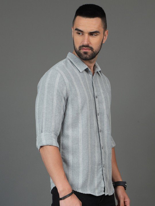 HERE&NOW Men Slim Fit Grey Striped Cotton Casual Shirt – Long Sleeves
