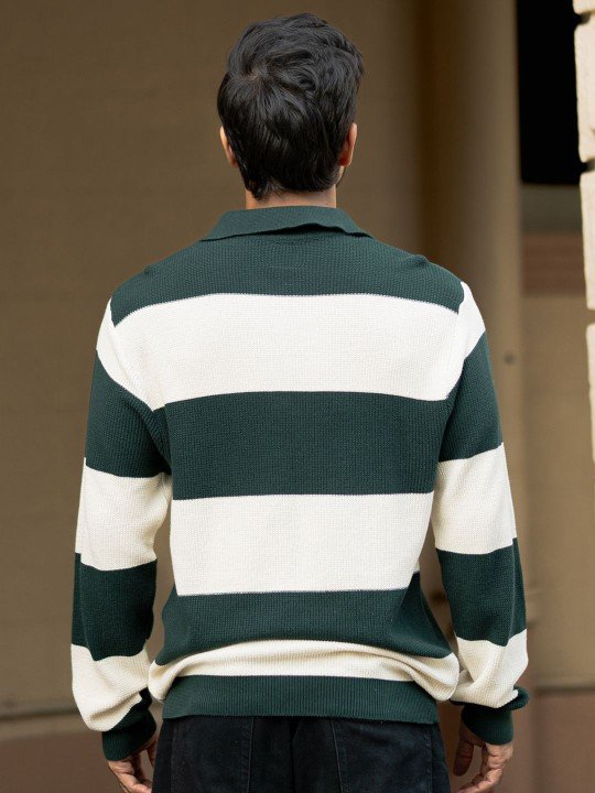Powerlook Men Striped Polo Collar Cotton Relaxed Fit T-shirt – Green & Off-White