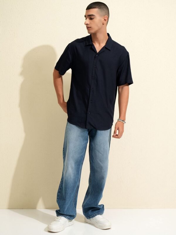 KETCH Men Navy Blue Solid Casual Shirt – Cuban Collar, Short Sleeves