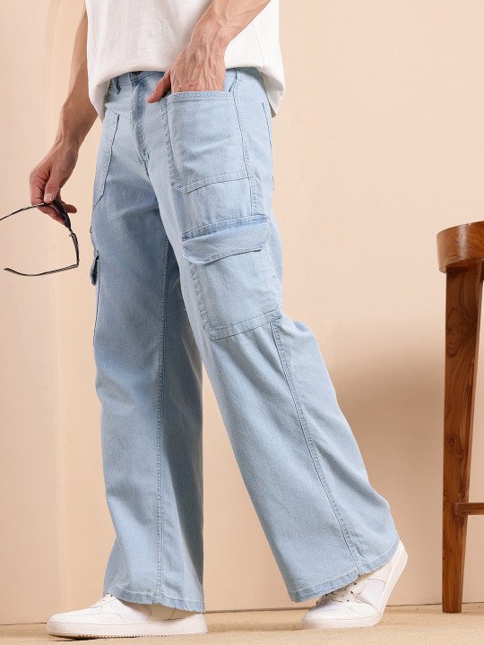 Mast & Harbour Men Straight Fit Light Blue Stretchable Jeans with Zip Detail