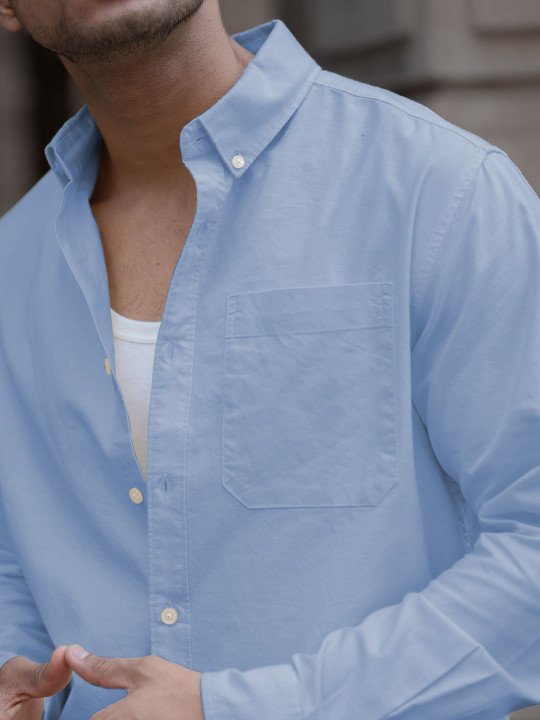 Powerlook Men Blue Solid Cotton Casual Shirt – Spread Collar, Long Sleeves