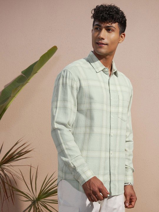 GOtS5irP_3866b232a3f84f79b450cb41e7a3fa9a LOCOMOTIVE Men Sea Green & White Textured Checked Relaxed Fit Dobby Cotton Shirt