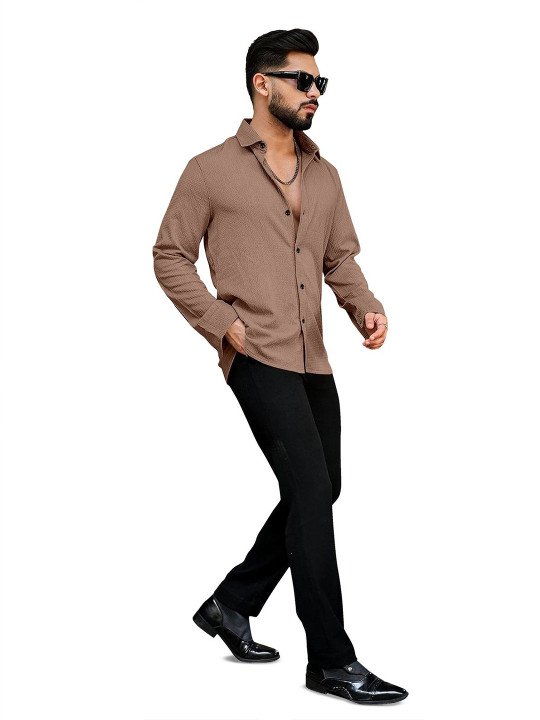 IKON FASHION Men Coffee Brown Textured Polycotton Casual Shirt – Spread Collar