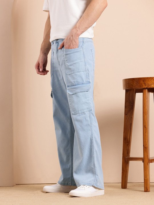 Mast & Harbour Men Straight Fit Light Blue Stretchable Jeans with Zip Detail