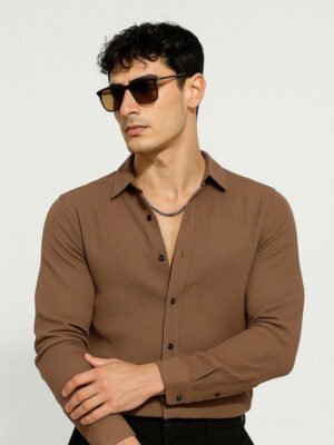 IKON FASHION Men Coffee Brown Textured Polycotton Casual Shirt – Spread Collar