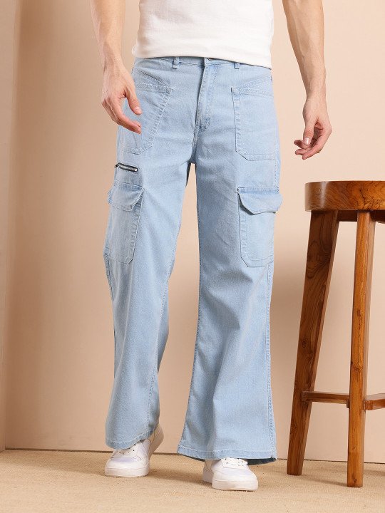Mast & Harbour Men Straight Fit Light Blue Stretchable Jeans with Zip Detail