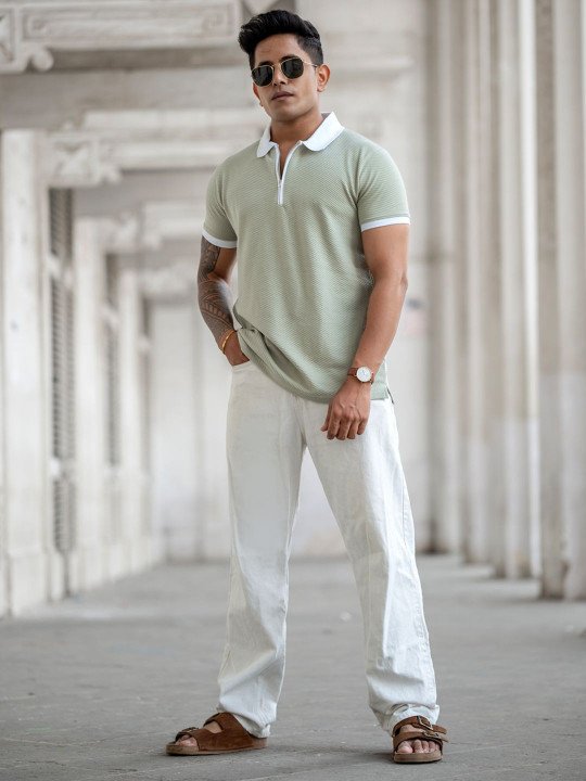 Powerlook Men Polo Collar Solid Green Zip Polo T-shirt – Regular Fit