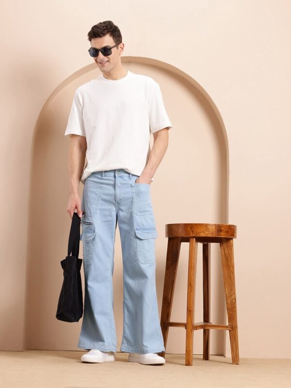 Mast & Harbour Men Straight Fit Light Blue Stretchable Jeans with Zip Detail