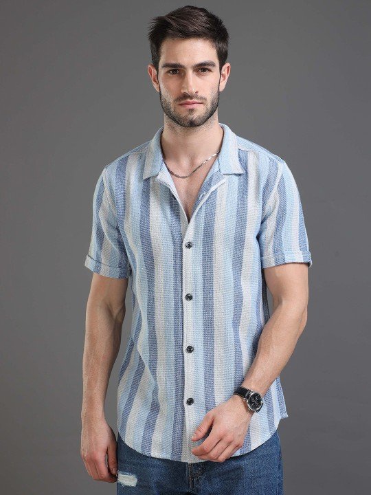 Moda Rapido Men Blue Slim Fit Striped Cotton Casual Shirt – Short Sleeves