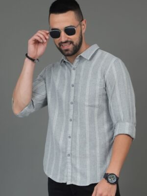 HERE&NOW Men Slim Fit Grey Striped Cotton Casual Shirt – Long Sleeves