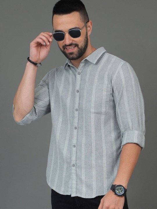 HERE&NOW Men Slim Fit Grey Striped Cotton Casual Shirt – Long Sleeves