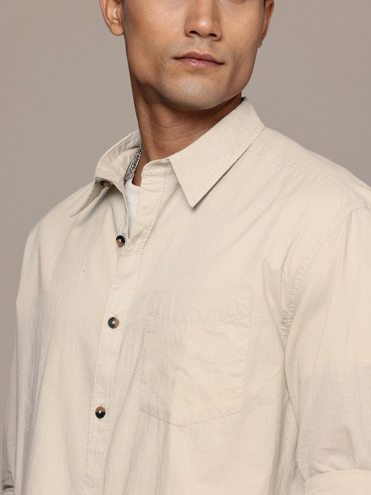 Roadster The Life Co. Relaxed Fit Drop-Shoulder Cotton Casual Shirt – Beige