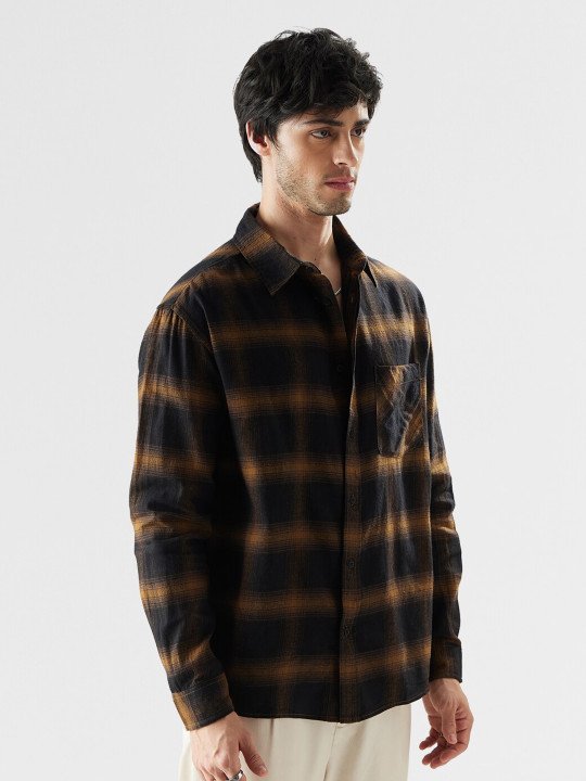 The Souled Store Men Brown & Black Tartan Checked Oversized Cotton Casual Shirt