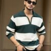 Powerlook Men Striped Polo Collar Cotton Relaxed Fit T-shirt – Green & Off-White